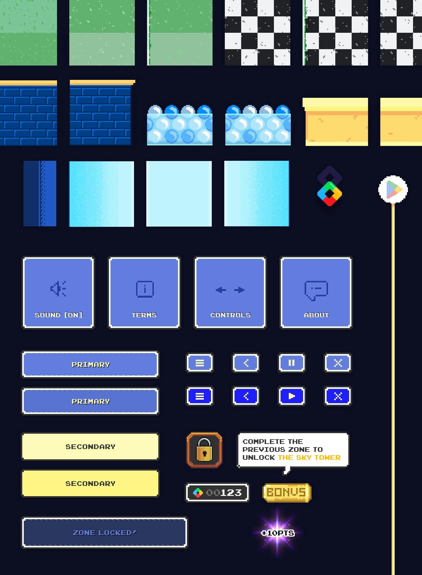 A comprehensive UI asset sheet for a pixel art game. It includes texture swatches (green grass, black and white checkered, blue brick, yellow sand, blue bubbles, blue gradient), Google Play and other logos, various button styles (primary, secondary, locked), navigation icons (sound, terms, controls, about, menu, back, play, close), a locked level icon, score display, bonus button, points notification, and a tooltip message. All elements are in a retro pixel art style on a dark navy blue background.