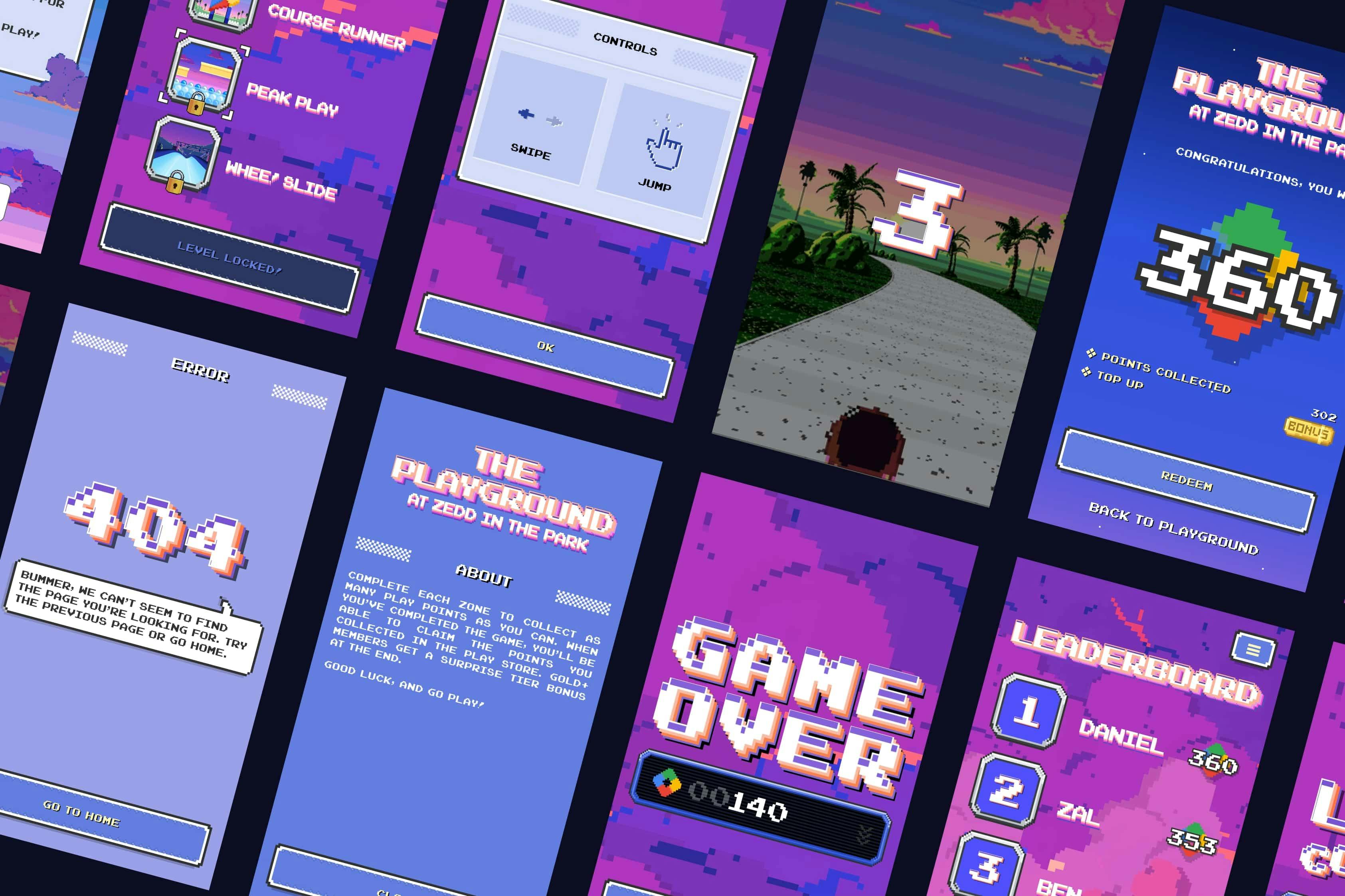 A collage of various screens from a retro-style, pixel art mobile game titled 'THE PLAYGROUND AT ZEDD IN THE PARK,' displayed against a pixelated purple cloud background. The screenshots showcase different game interfaces, including a level select menu with locked and unlocked options, a controls tutorial, a gameplay countdown, a 'Game Won' screen with score and redeem options, an 'Error 404' page, an 'About' screen, a 'Game Over' message, and a leaderboard with player rankings.