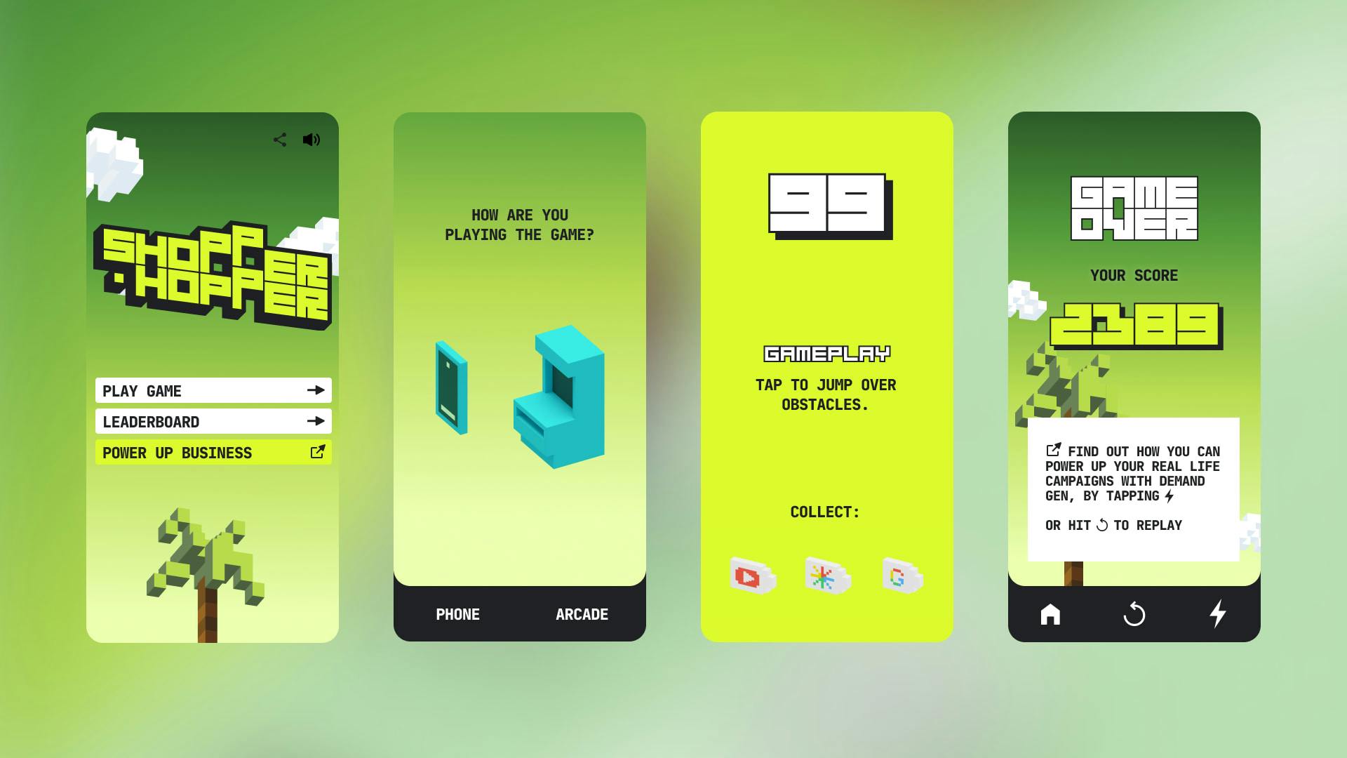 An array of four screens from the 'Shopper Hopper' mobile game against a green gradient background. The screens show: the main menu with game title and play options; a device selection screen asking 'HOW ARE YOU PLAYING THE GAME?' with 'PHONE' and 'ARCADE' choices; a gameplay tutorial screen; and the 'GAME OVER' screen with the final score and a call to action.