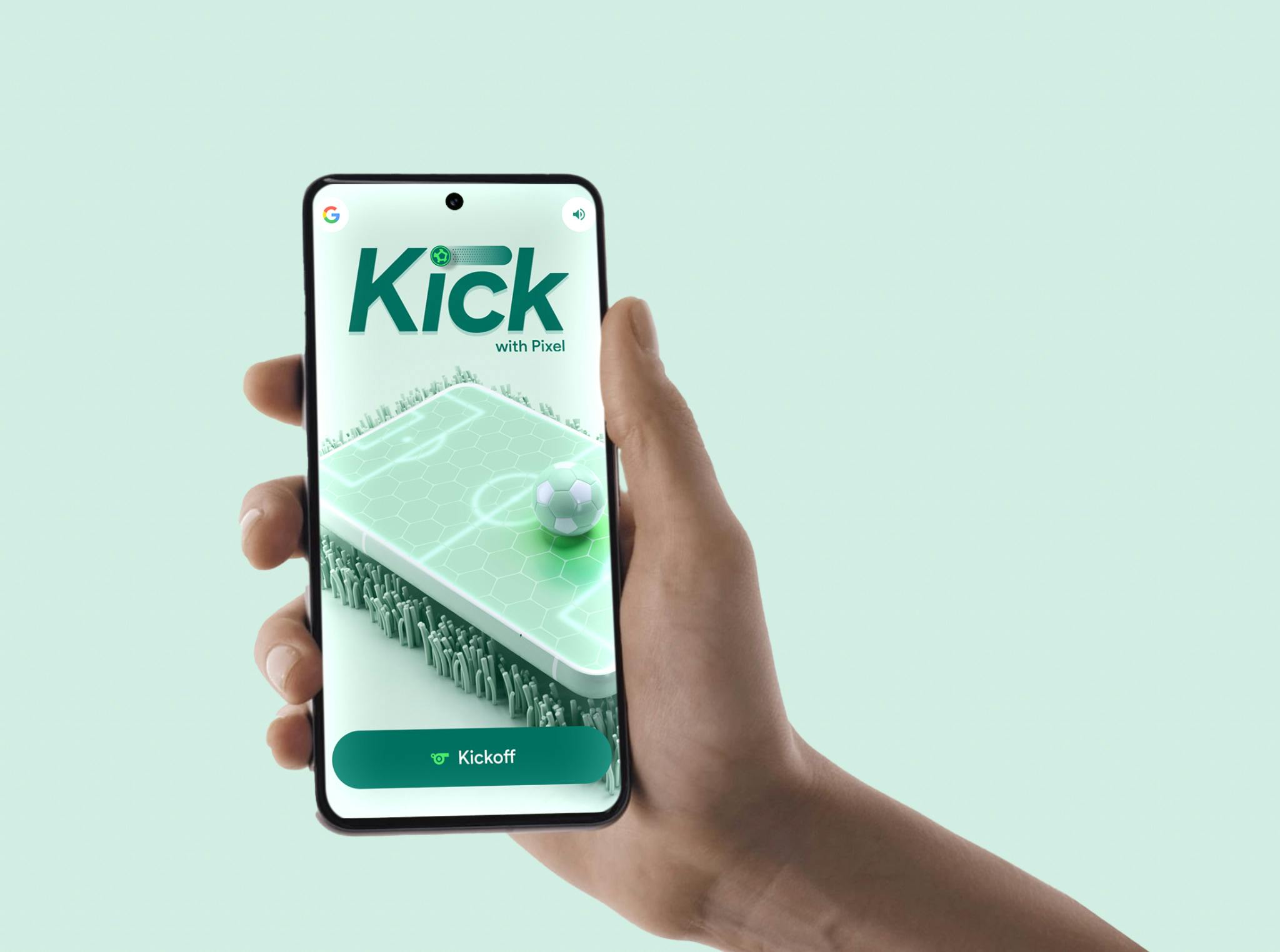 A person's hand holds a smartphone against a plain light mint green background. The phone screen shows the 'Kick with Pixel' game interface: the game logo, a 3D rendering of a soccer field with a ball on a hexagonal grid, and a 'Kickoff' button at the bottom.