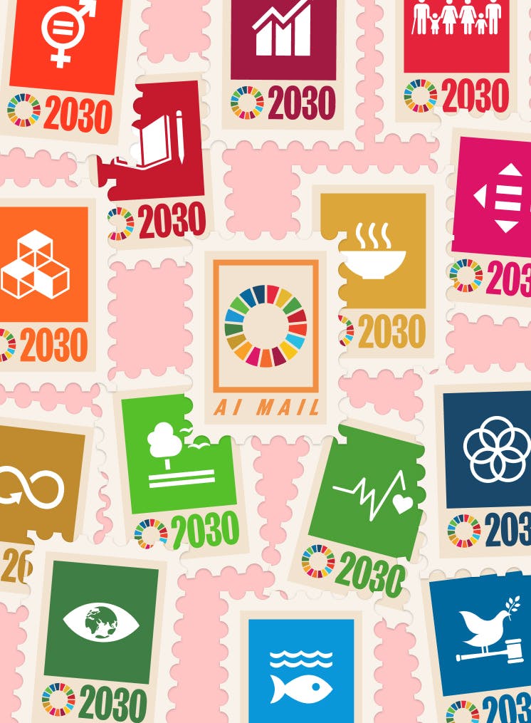 A vibrant collage of custom-designed postage stamps scattered on a background of pink stamp outlines. Each stamp features a unique icon and color representing one of the 17 UN Sustainable Development Goals, such as 'Gender Equality,' 'Zero Hunger,' and 'Climate Action.' The stamps also include the colorful SDG wheel and the year '2030'.