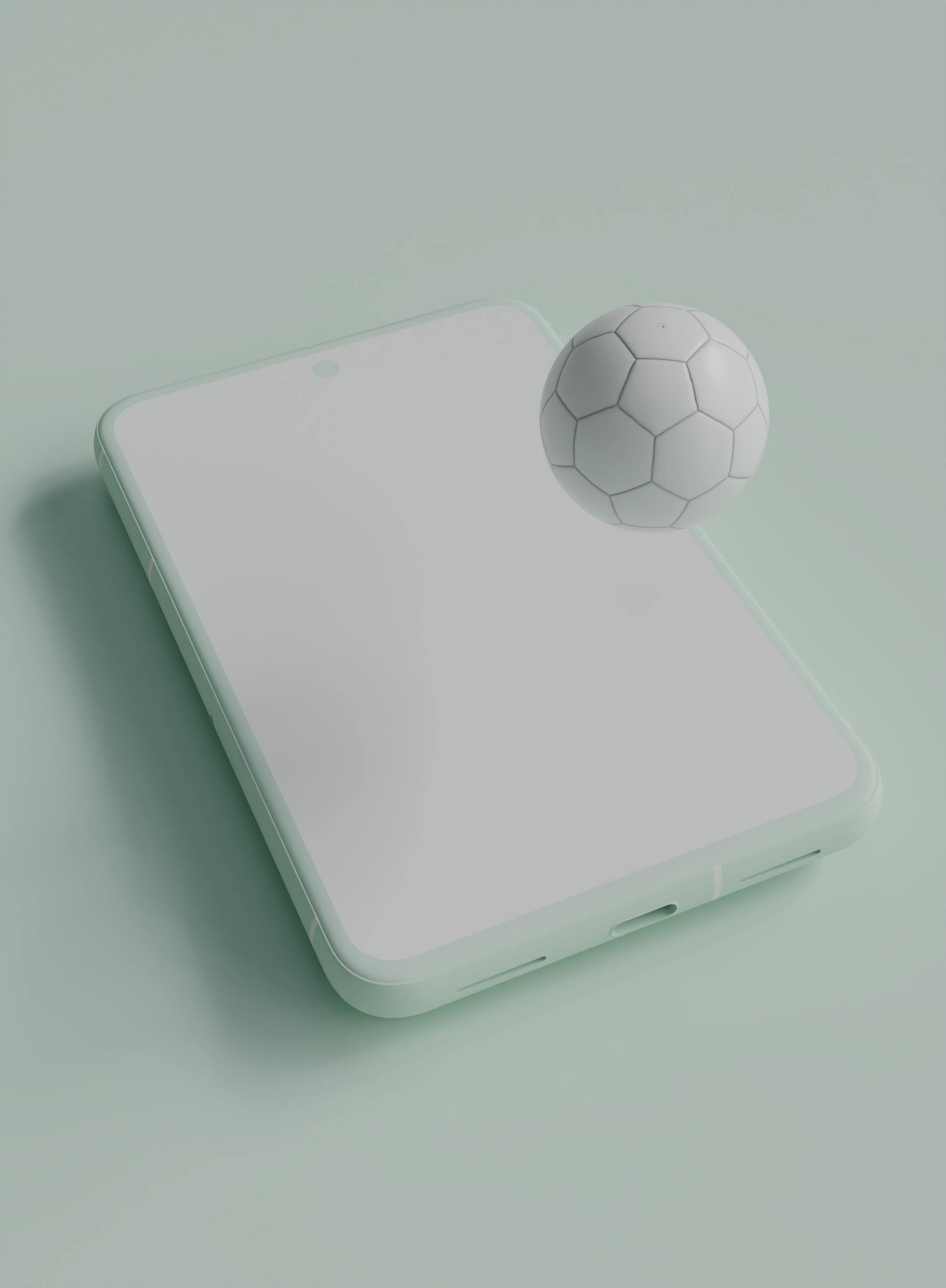 A stylized 3D rendering showing a smartphone with a pale mint green casing and a blank white screen, lying flat. A white soccer ball with visible hexagonal and pentagonal panels floats just above the phone's screen. The background is a solid, matching pale mint green.