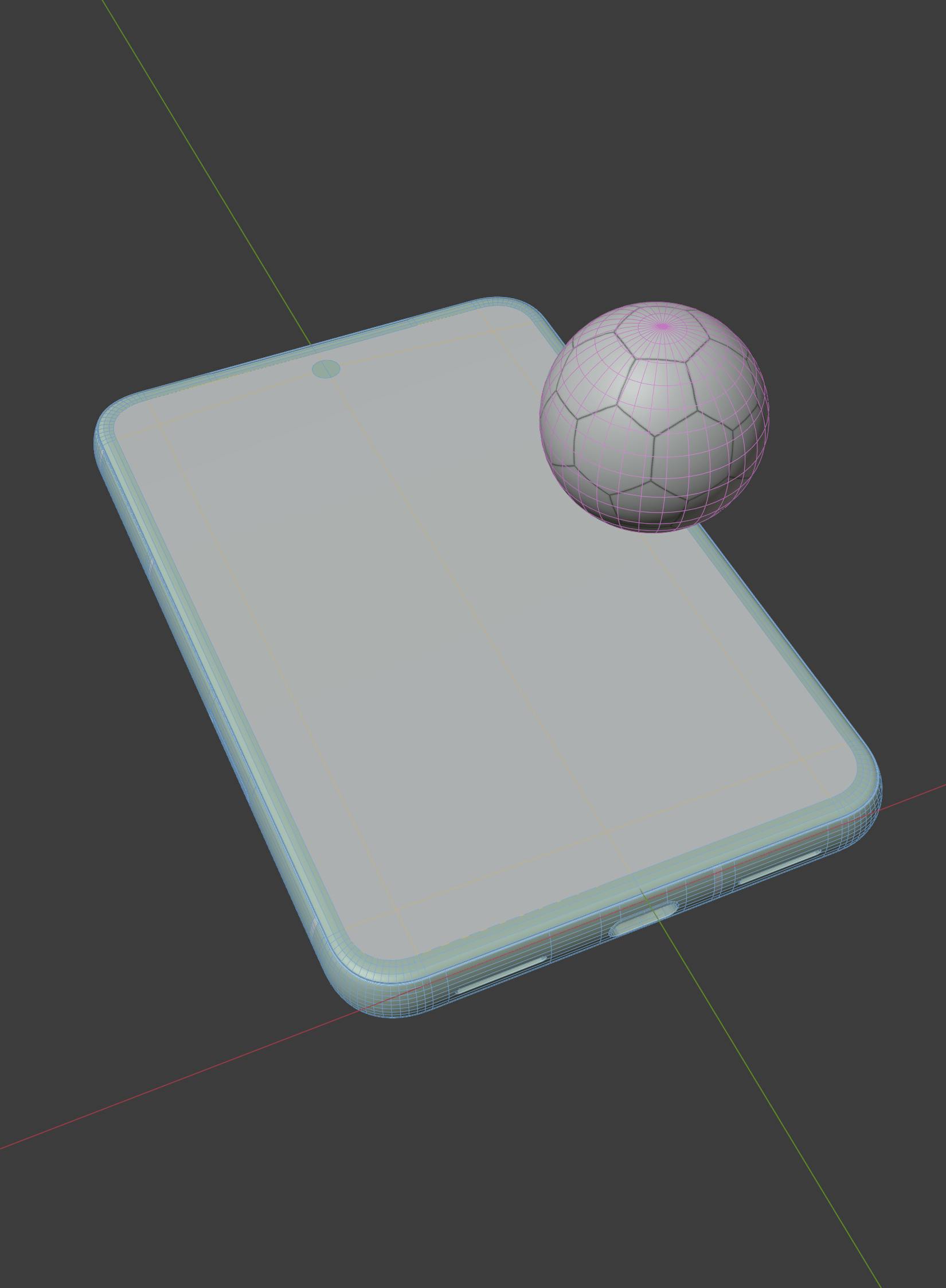 Screenshot from a 3D modeling software. A light blue wireframe mesh outlines a smartphone model lying flat. Above it hovers a grey soccer ball model with a visible pink wireframe mesh showing its panel structure. The scene is set against a dark grey background with a grid and axis lines.