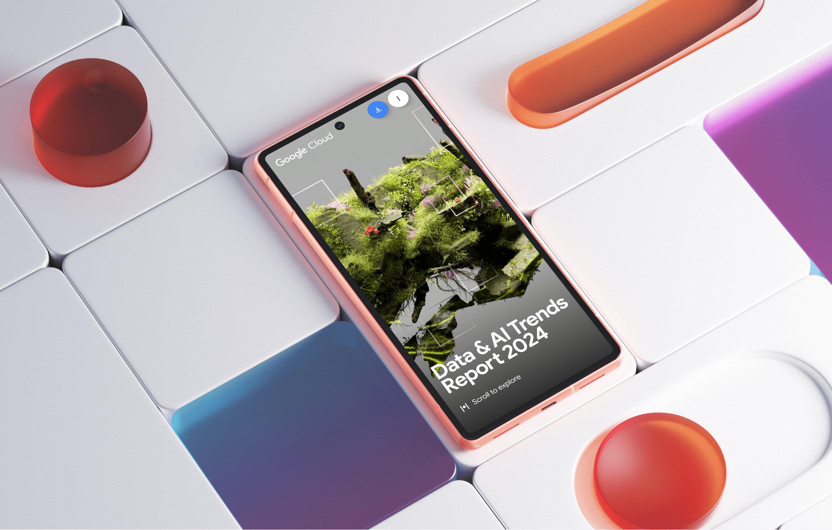 A smartphone with a light pink frame is angled on a modern, tiled surface composed of white, rounded squares. The phone screen shows the cover of the 'Google Cloud Data & AI Trends Report 2024,' featuring a 3D mossy landmass with a butterfly. Abstract, colorful, translucent shapes (red, orange, purple) are also on the tiled surface, creating a contemporary aesthetic.