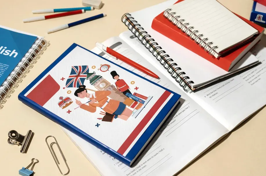 Caderno de estudos aberto com ilustração educativa e páginas com anotações, canetas e lápis sobre uma mesa, sugerindo organização escolar e aprendizado.