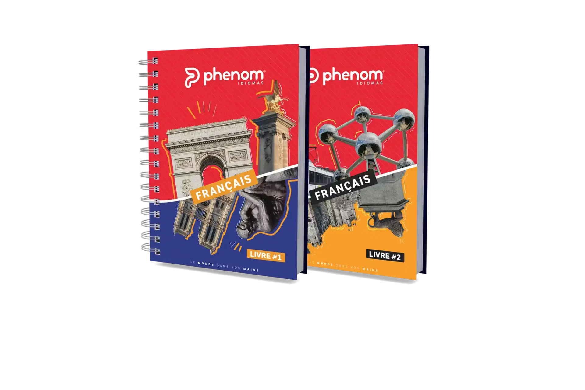 Dois livros encadernados da coleção phenom em francês, com capa vermelha e elementos como o Arco do Triunfo, Torre Eiffel e mapas, com os Livres #1 e #2.