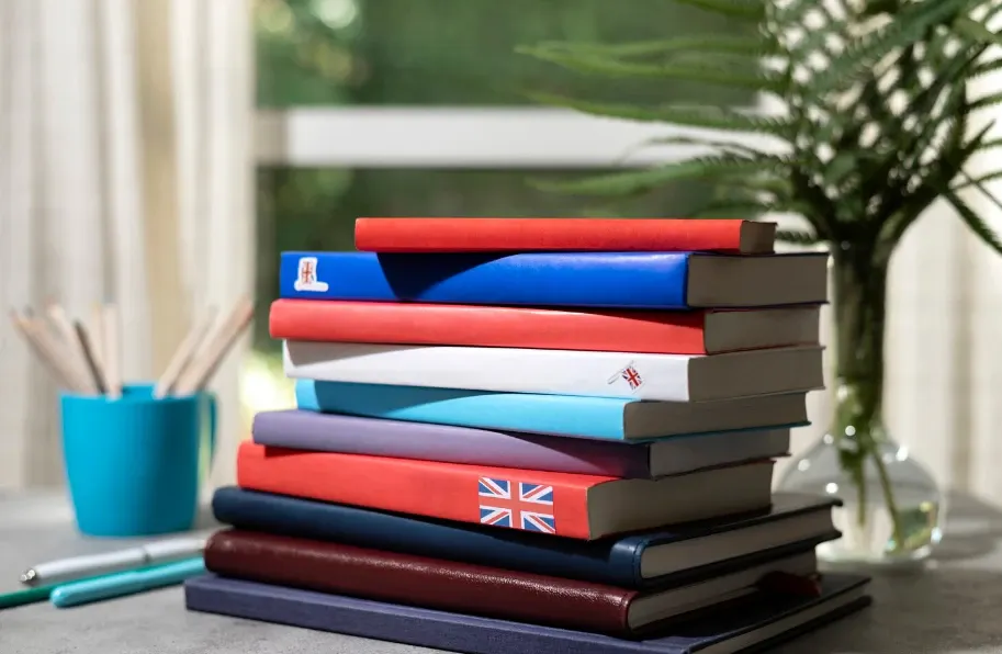 Pilhas de livros didáticos e capa dura em diversas cores, com destaque para uma capa com bandeira do Reino Unido, sobre uma mesa, com fundo desfocado e planta ao lado.