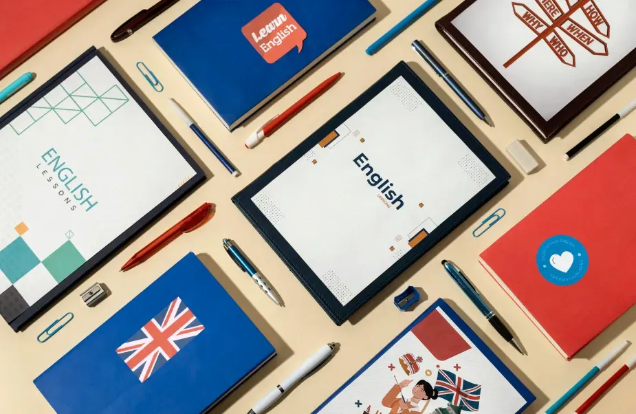 Materiais de estudo de English em plano de fundo com cadernos, canetas, lápis e cartões ilustrados com bandeiras e ilustrações de aprendizado.