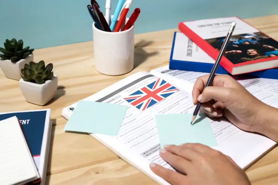 Pessoa assinando documentos em mesa de escritório, com caneta sobre papéis e formulários com bandeira do Reino Unido, ao lado de livros e material escolar
