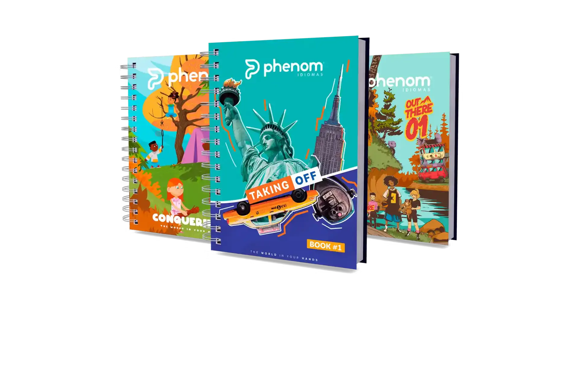 Kit de livros escolares da marca Phenom Idimas com capas coloridas, ilustrações de personagens e temas como conquistar e aventuras, incluindo um caderno em espiral.
