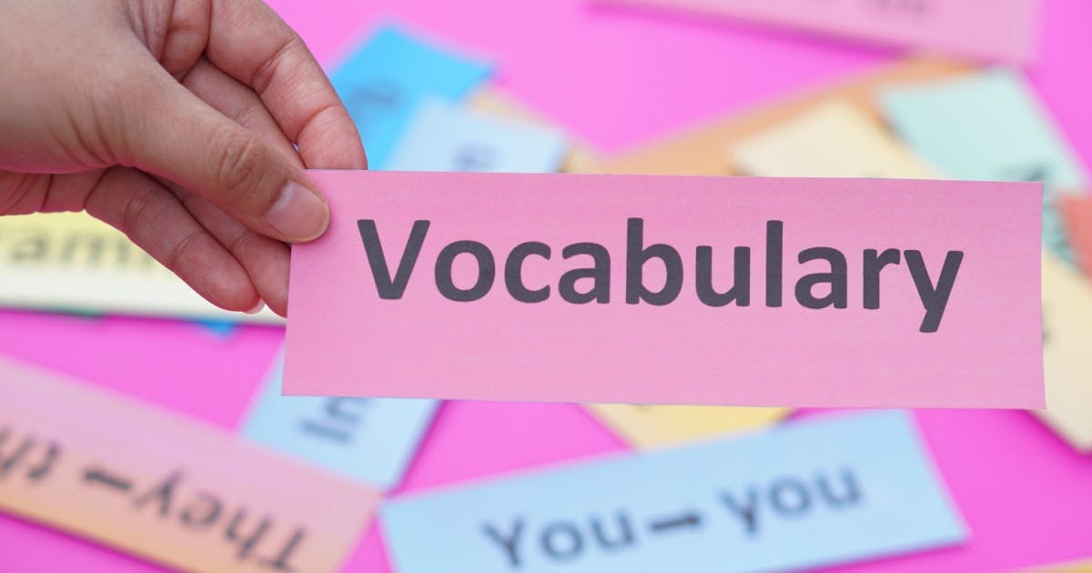 Palavra "Vocabulary" (vocabulário) em um fundo rosa vibrante, destacando-se com cores alegres e atraentes.