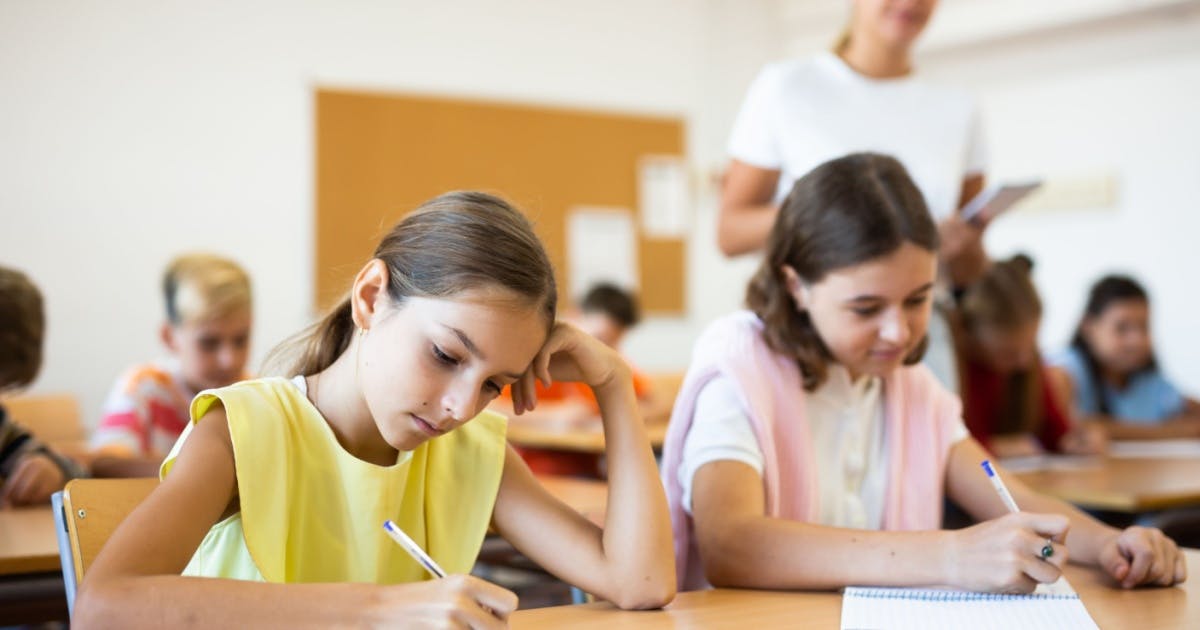 Grupo de crianças sentadas em carteiras em uma sala de aula, durante aula de francês, concentradas em suas atividades escolares.