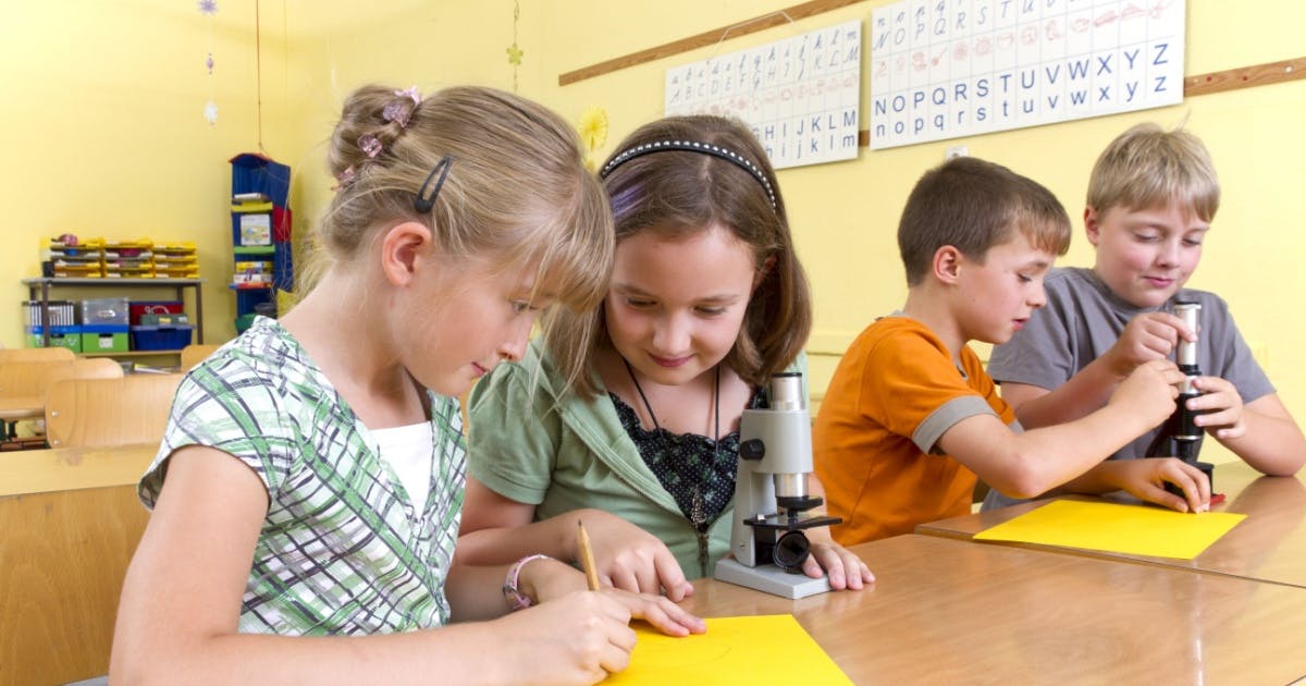 Crianças sentadas na sala de aula, fazendo tarefa seguindo um método de estudo com materiais em cima de uma mesa de madeira.