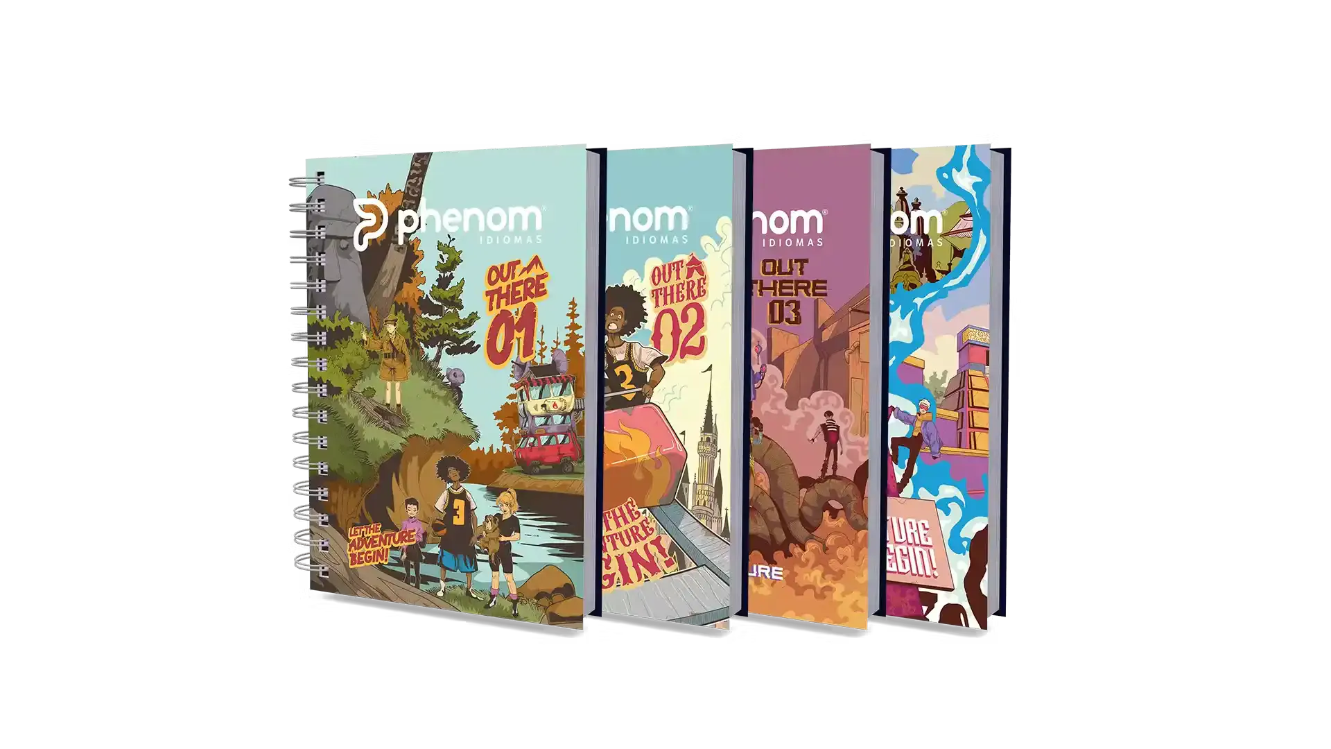 Conjunto de cadernos com capa temática de “Phenom idiomas” e ilustrações coloridas em estilo retrô, com folhas presas por espiral e diferentes cenários