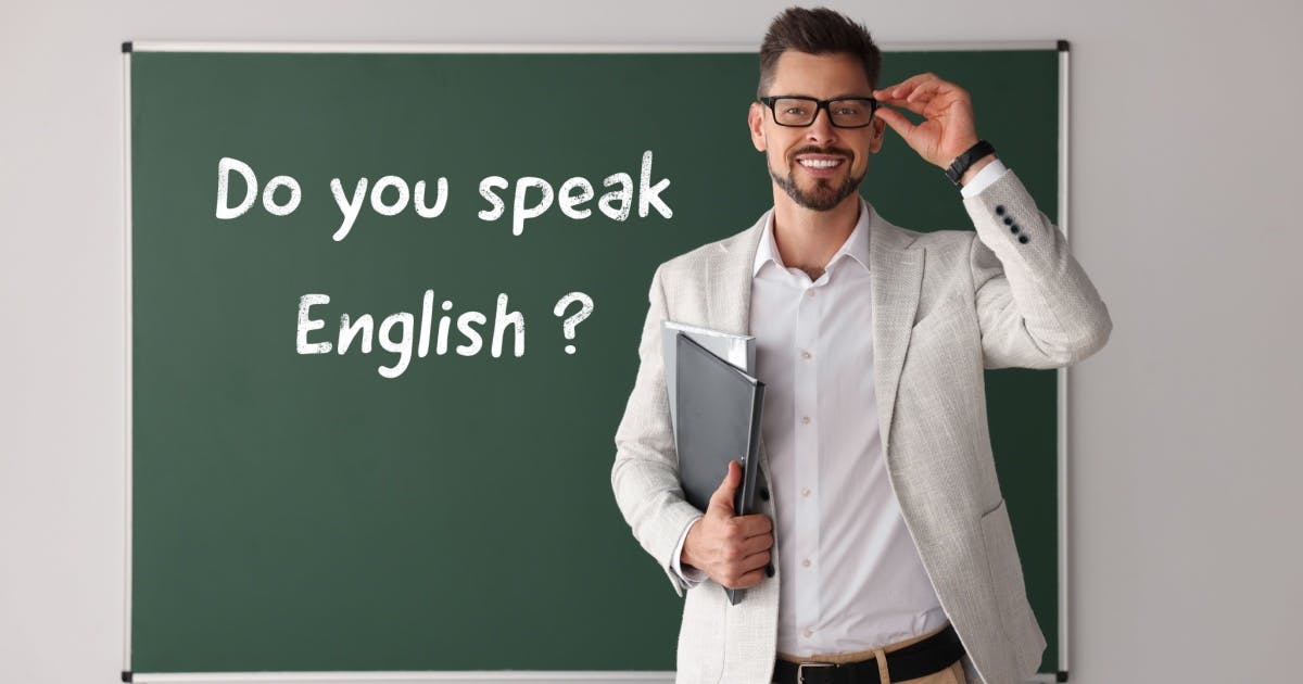 Imagem com a expressão em inglês: "Você fala inglês?" em destaque.