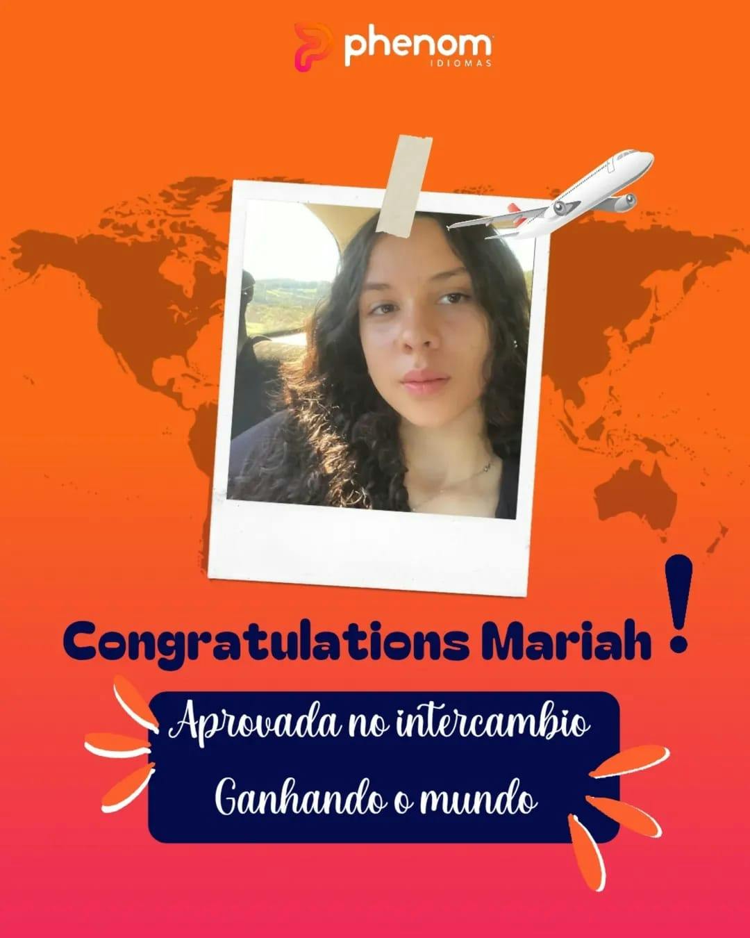 Capa do post de parabenização da aluna de uma unidade da Phenom, ganhadora de um intercâmbio.