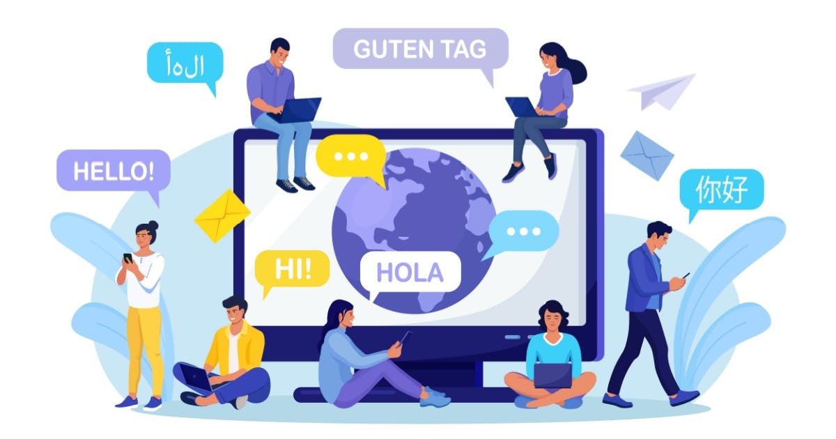 Representação gráfica de essoas conversando em diferentes idiomas.