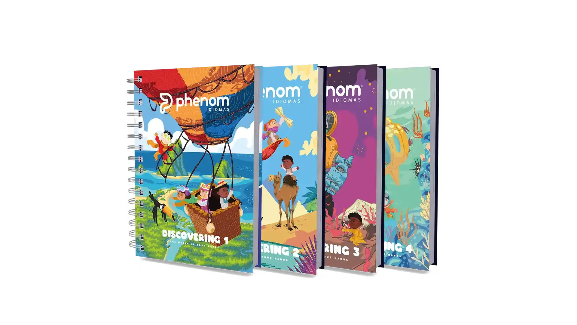 Conjunto de livros infantojuvenis com capa colorida da marca phenom IDIOMAS, em formato de encadernador com espiral, contendo volumes 1, 2, 3 e 4