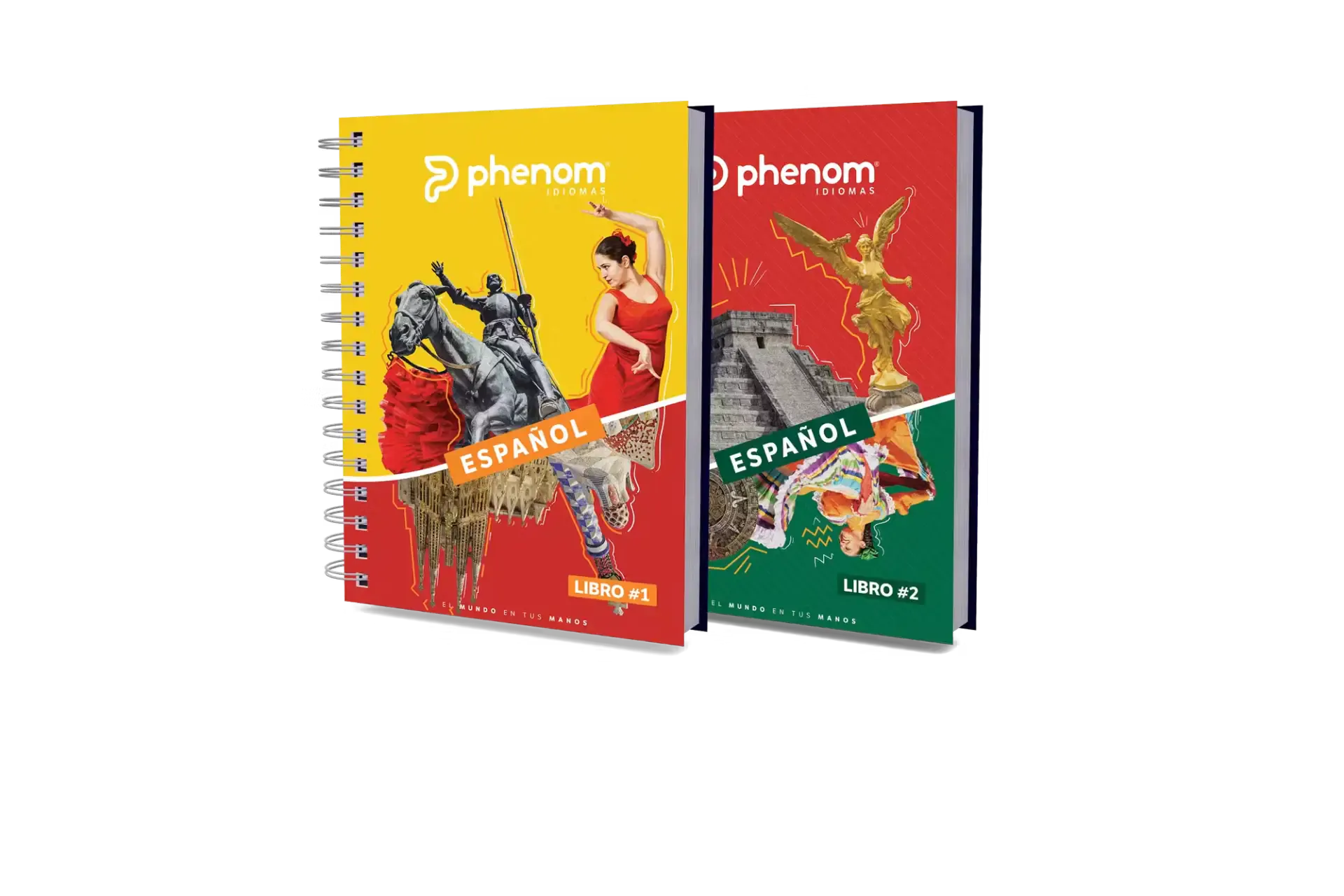 Dois livros de estudo da marca phenom, capa em estilo espanhol: Livro #1 amarelo com personagem e “ESPAÑOL”, e Livro #2 vermelho/verde com mapa e figura.