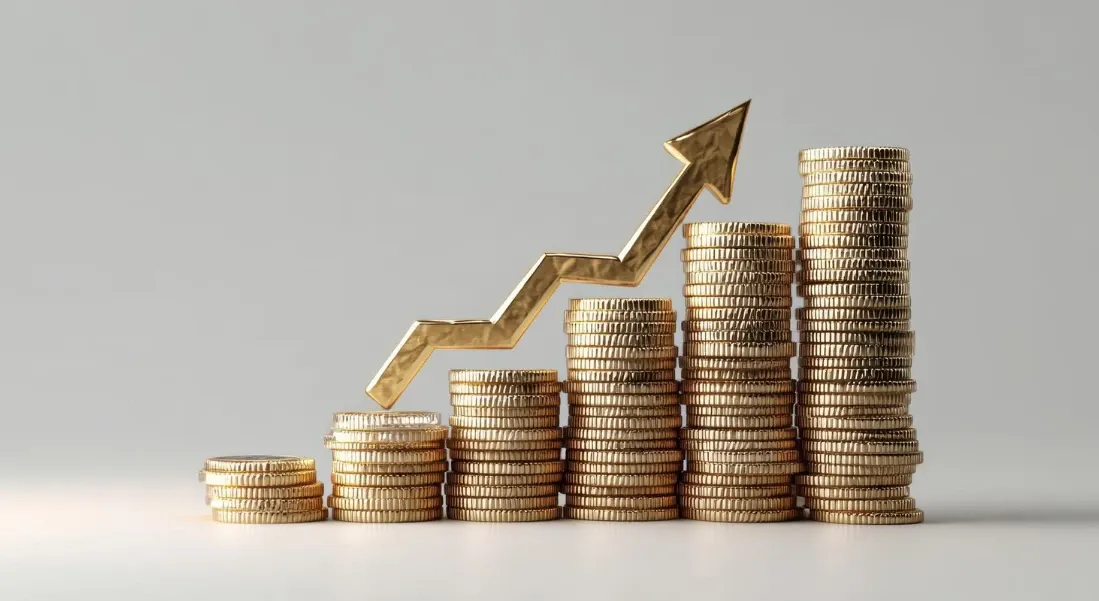 Pilha de moedas de ouro com gráfico de crescimento em forma de seta subindo, em fundo claro, representando aumento de receita e valorização financeira.