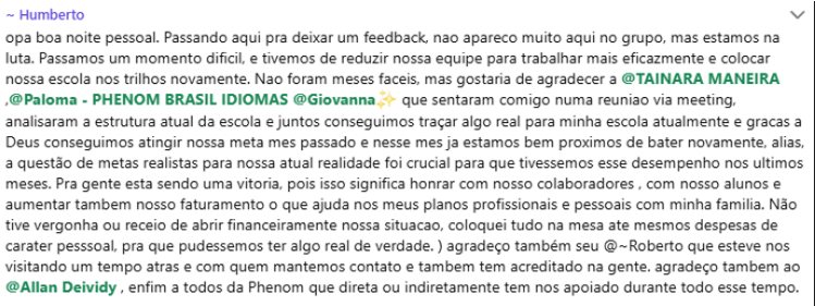 Captura de tela do depoimento do franqueado Humberto, da Phenom de Wenceslau Braz.