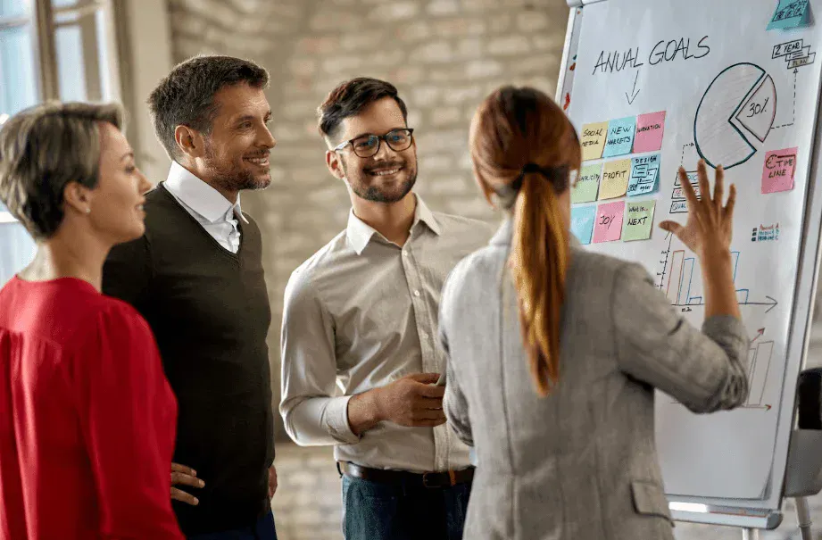 Equipe em reunião de negócios em escritório, com pessoas discutindo e apresentando ideias em quadro branco com gráficos, metas anuais e anotações.