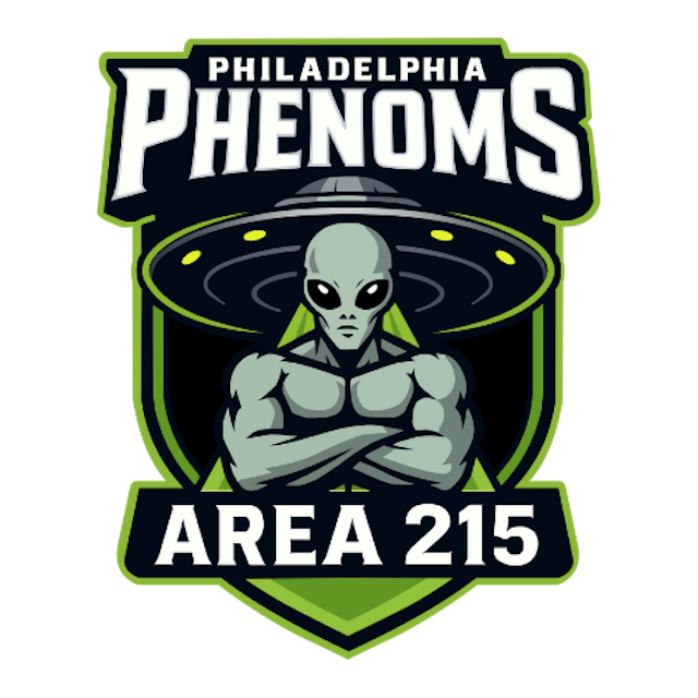 Philly Phenoms logo. A green and black shield with a UFO in front of it. In front of the UFO is an alien with its arms crossed. The top of the logo reads "Philadelphia Phenoms" and the bottom reads "AREA 215"