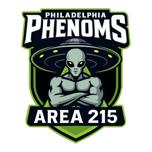 Philly Phenoms logo. A green and black shield with a UFO in front of it. In front of the UFO is an alien with its arms crossed. The top of the logo reads "Philadelphia Phenoms" and the bottom reads "AREA 215"