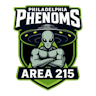 Philly Phenoms logo. A green and black shield with a UFO in front of it. In front of the UFO is an alien with its arms crossed. The top of the logo reads "Philadelphia Phenoms" and the bottom reads "AREA 215"