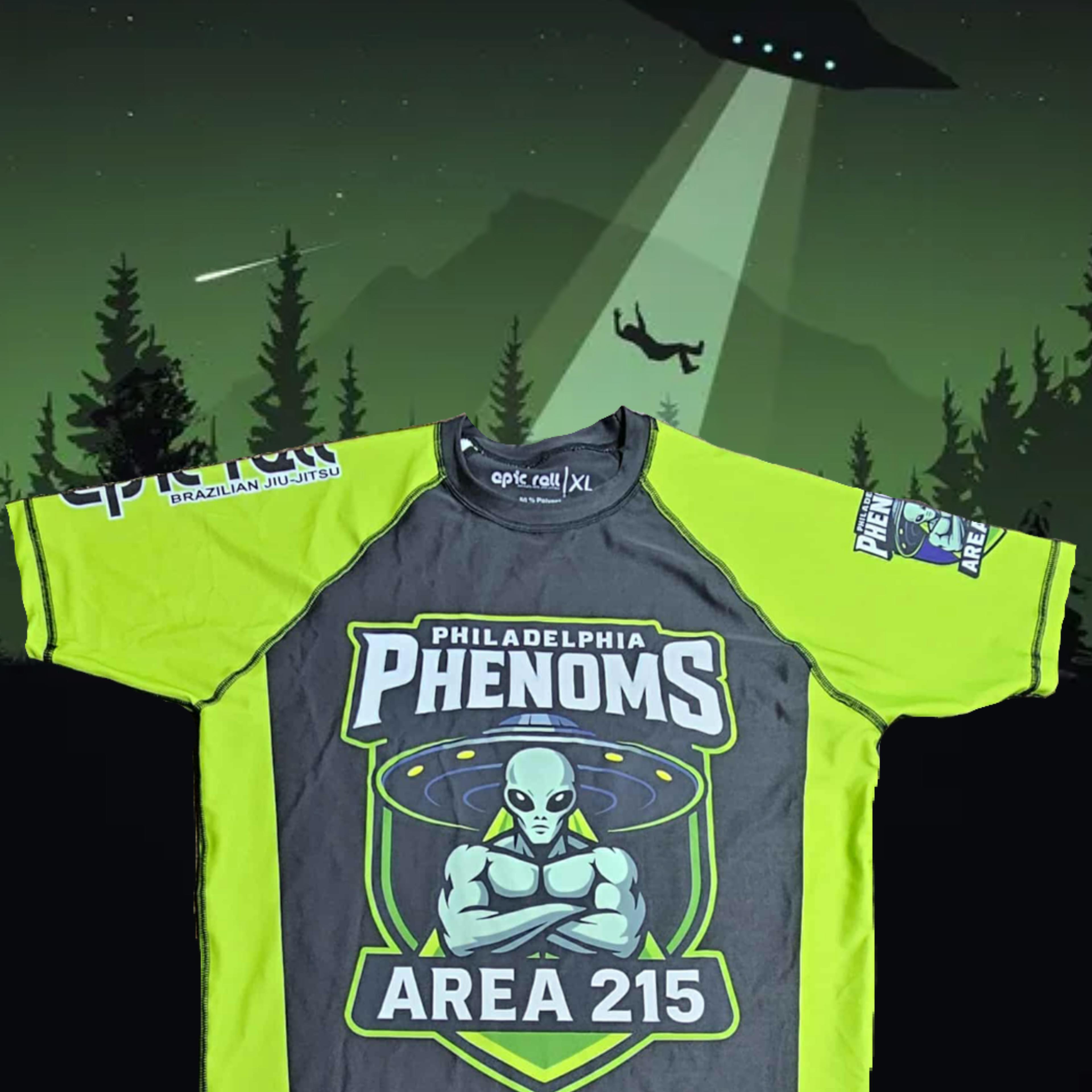 Philly Phenoms Area 215 Green and Gray Rash guard.