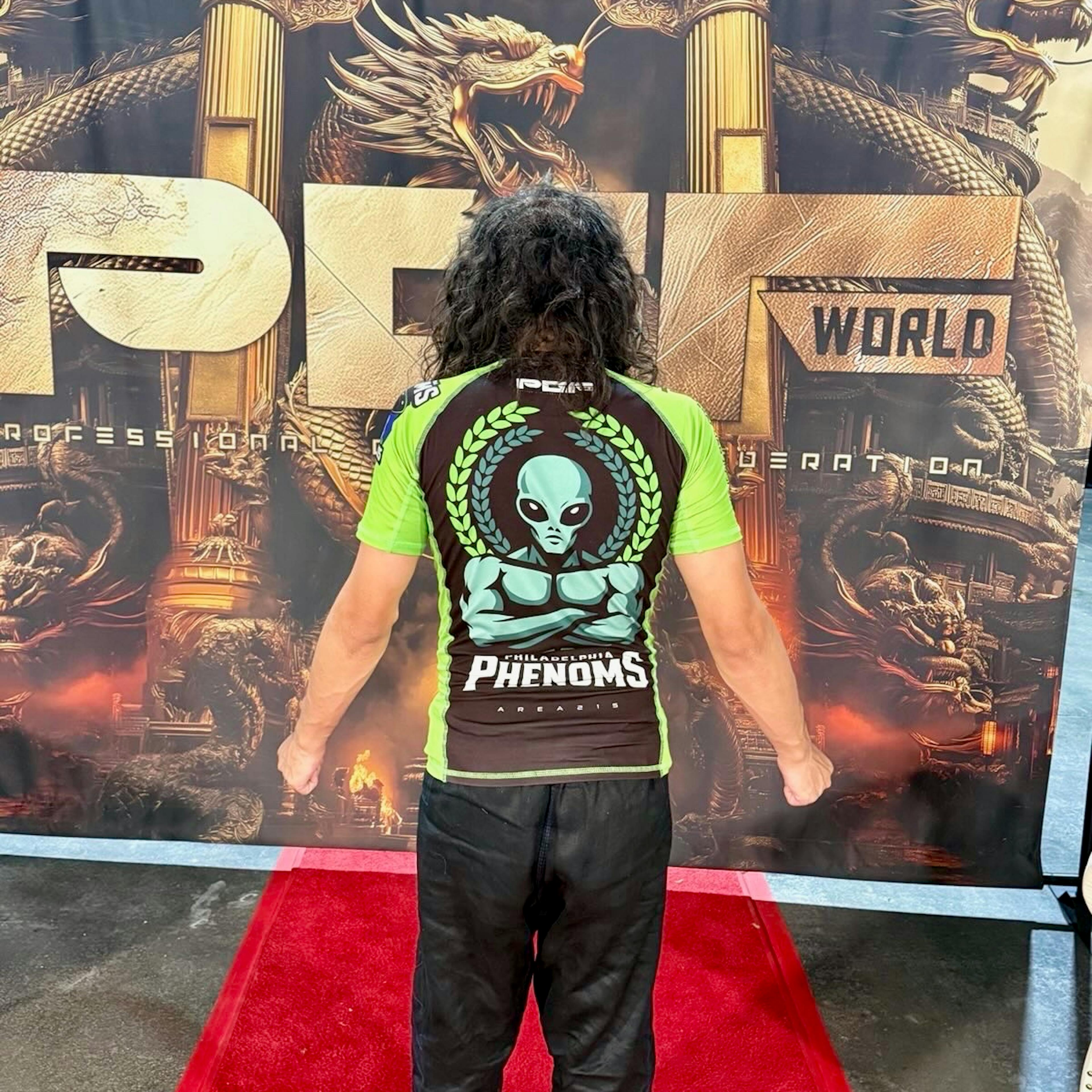 Philly Phenoms Area 215 Green and Gray Rash guard.