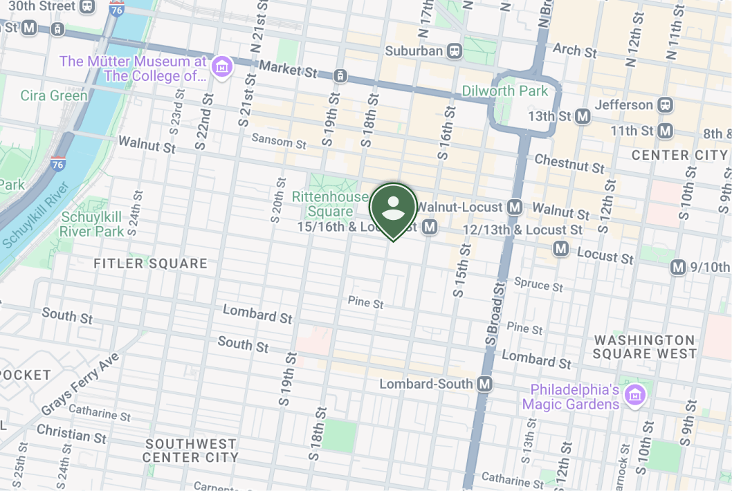 A map showing the location of Philadelphia Center for Psychotherapy at 255 S 17th St Suite 1900, Philadelphia, PA 19103