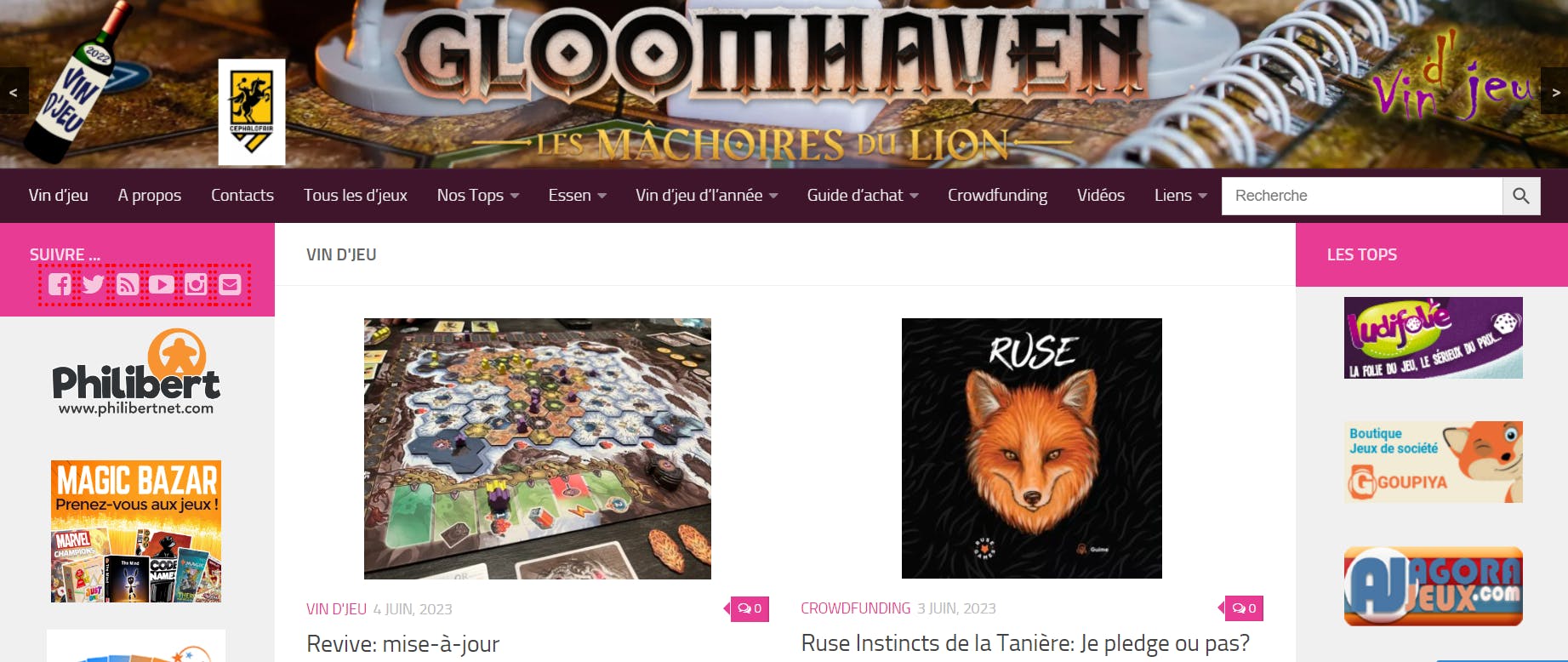 La page d'accueil du site Vin d'jeu