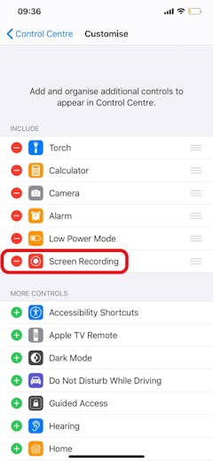 iPhone Control Centre Settings