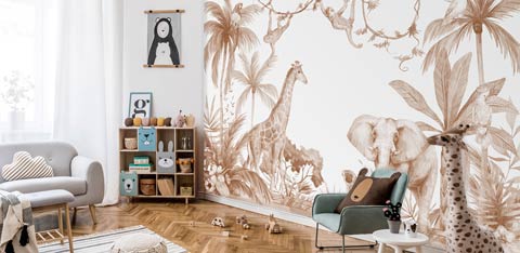 Fotobehang met jungle dieren in een kinderkamer in terracotta kleuren.