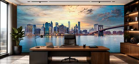 Fotobehang met New York skyline en Brooklyn Bridge bij zonsondergang in een modern kantoor met groot bureau en uitzicht over het water.