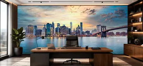 Fotobehang met New York skyline en Brooklyn Bridge bij zonsondergang in een modern kantoor met groot bureau en uitzicht over het water.