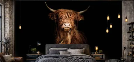 Fotobehang met een Schotse hooglander in een industriële slaapkamer.