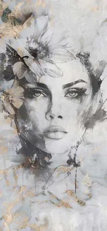 Fotobehang van een vrouw met gouden tinten op een betonnen achtergrond.