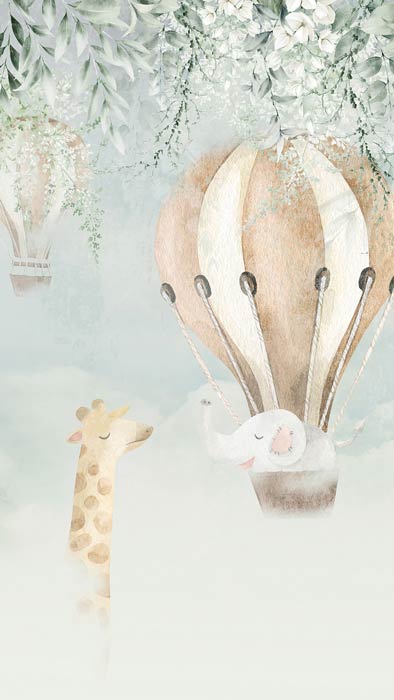 Een kinderkamer fotobehang met luchtballonnen en dieren zoals een giraffe en een olifant.