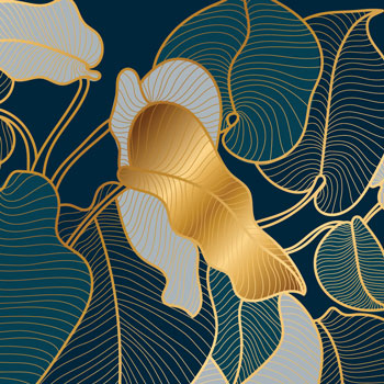 Fotobehang abstracte gouden bladeren met fijne lijnstructuur.