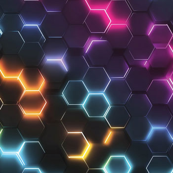 Fotobehang van hexagonen in regenboog kleuren voor in een gamekamer.
