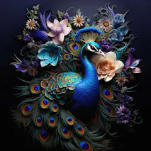 Fotobehang pauw en gekleurde bloemen als luxe ontwerp.