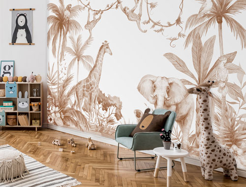 Fotobehang jungle dieren in terracotta kleuren in een speelse kinderkamer.