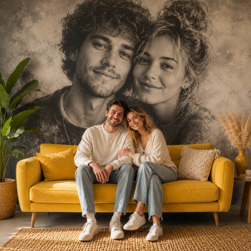 Fotobehang eigen foto met een groot zwart-wit portret van een stel op maat aan de muur in een woonkamer met gele bank en warme kleuren.