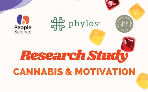 People Science logo, Phylos logo, Natural Natural THCV logo 
Red lettering "Research Study" 
Orange lettering " Cannabis & Motivation"