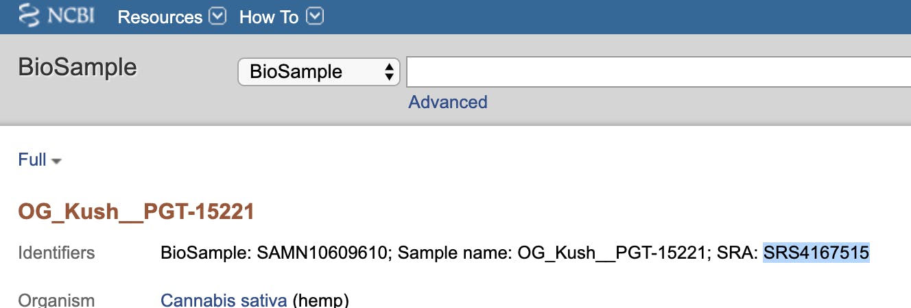 Screen capture of NCBI page with SRA identifier highlighted