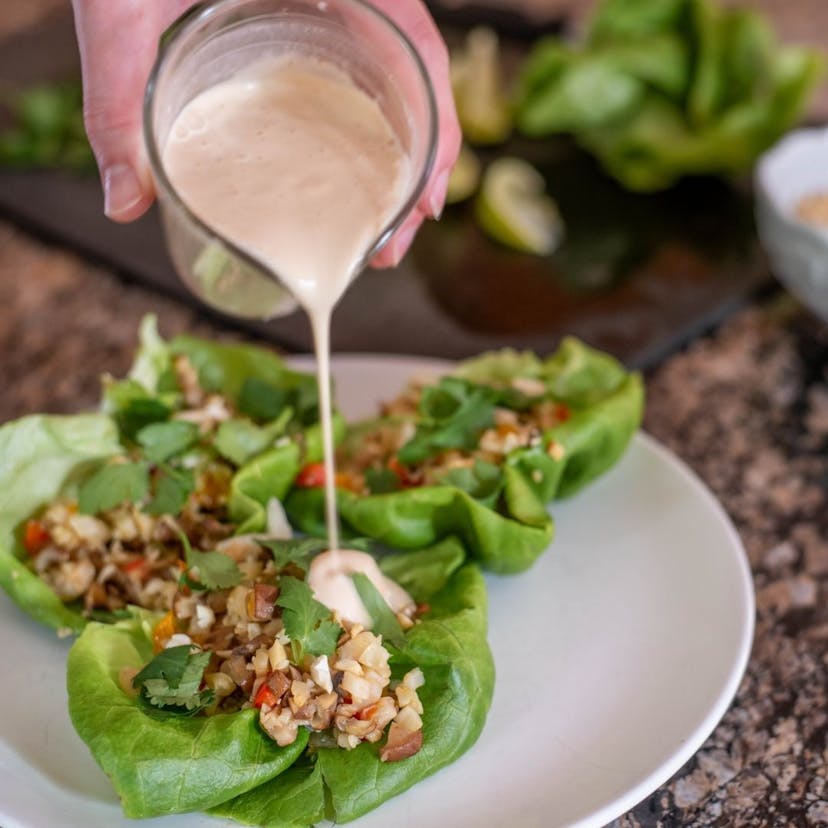 Cauliflower Rice Cups with Coconut Tahini Sauce