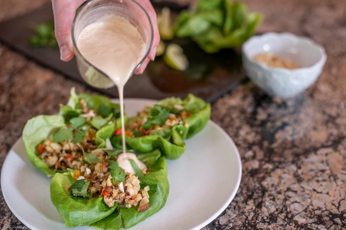 Cauliflower Rice Cups with Coconut Tahini Sauce
