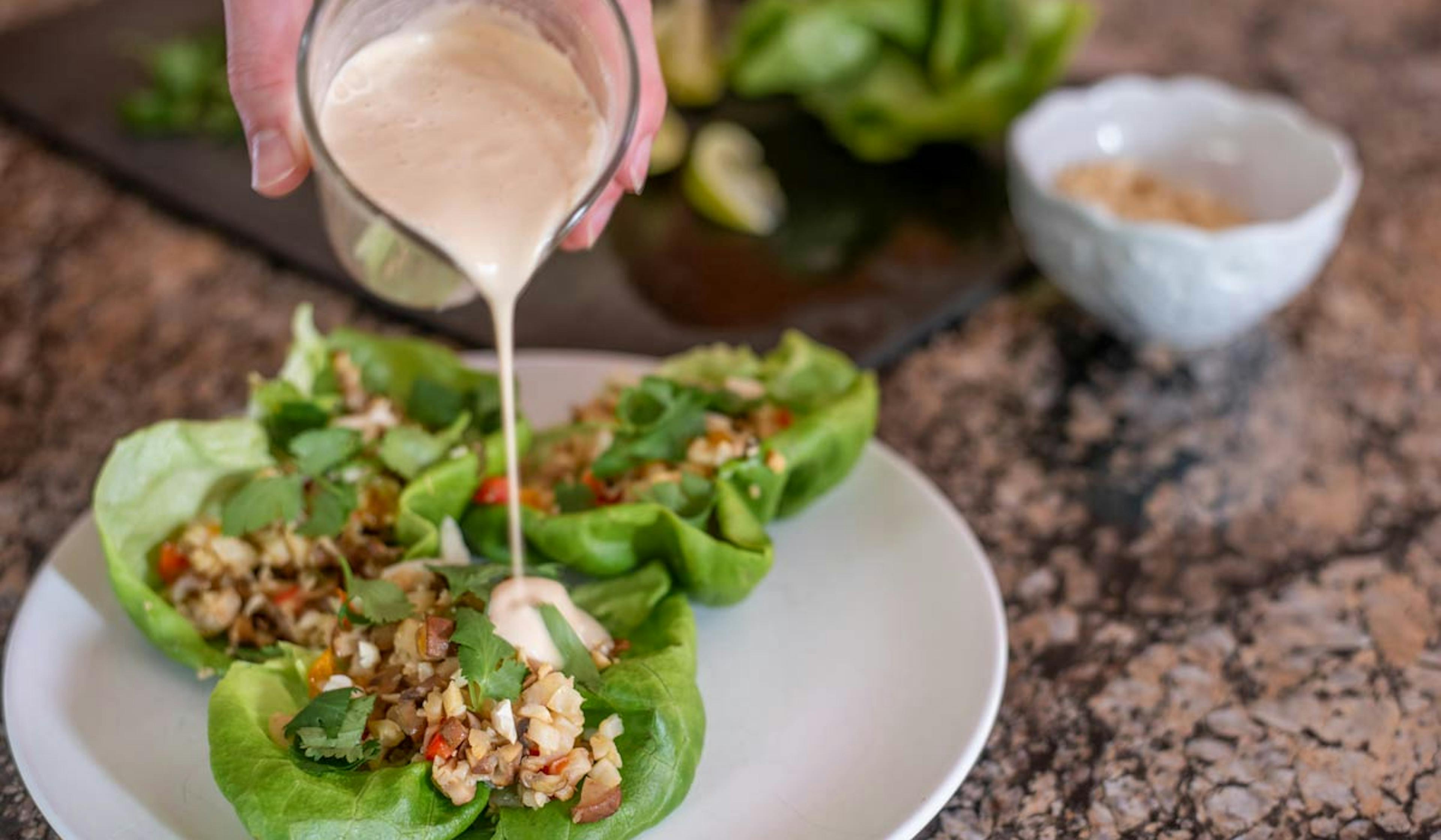 Cauliflower Rice Cups with Coconut Tahini Sauce